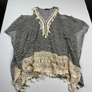 Laura Jane Poncho Sweater Black Ivory Fringe Crochet Boho Open Knit Oversized OS